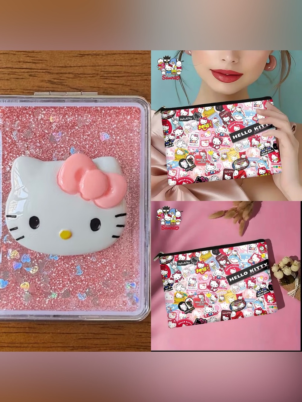 Sanrio Hello Kitty Pink Glitter Compact Mirror & 50th Anniversary Pouch NIP